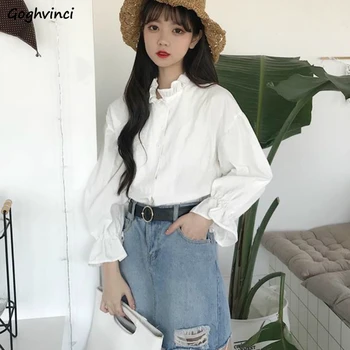 Tricouri Femei Zburli Flare Long Sleeve Solid Simplu Studenți Slim Femei Coreeană Stil Harajuku Camasa Eleganta Bluze Casual Chic