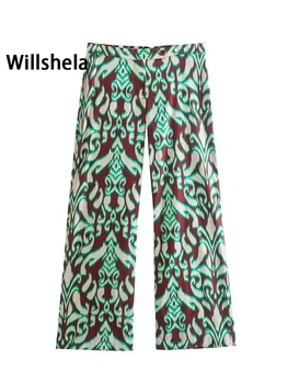 Willshela De Moda Pentru Femei Imprimat Frontal Cu Fermoar Pantaloni Vintage Lungime Completă Mijlocul Talie De Sex Feminin Chic Lady Pantaloni Drepte