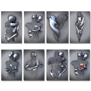 3D Dragoste Inima Gri Arta Pictura pe Panza Metal Figura Statuie Art Postere si Printuri Poze de Perete pentru Camera de zi Decor Acasă